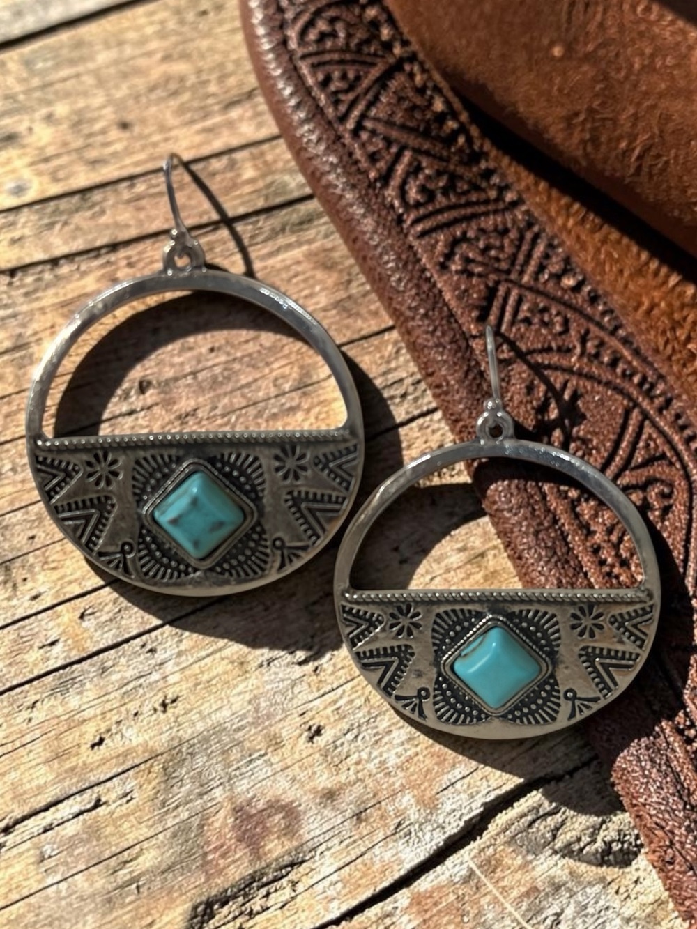 Boho Silver Hoop Earrings with Turquoise Stone